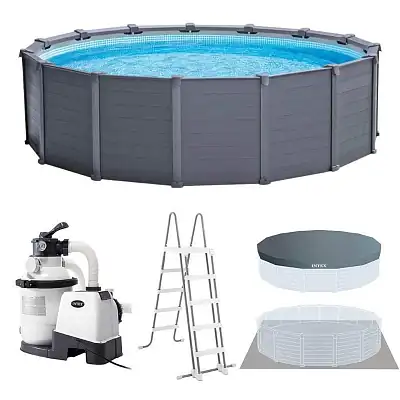 Intex 26384 Каркасный бассейн 478х124см "Graphite Gray Panel" 16805л, песч.фил.-нас. 4500л\ч, лестн, тент, подст