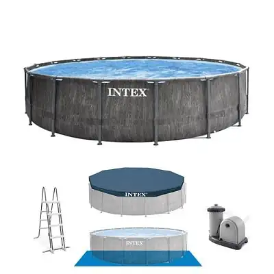 Intex 26742 Каркасный бассейн Prism Frame 457х122см "Greywood" 16805л, фил.-насос 3785л\ч, лестница, тент, подстилка